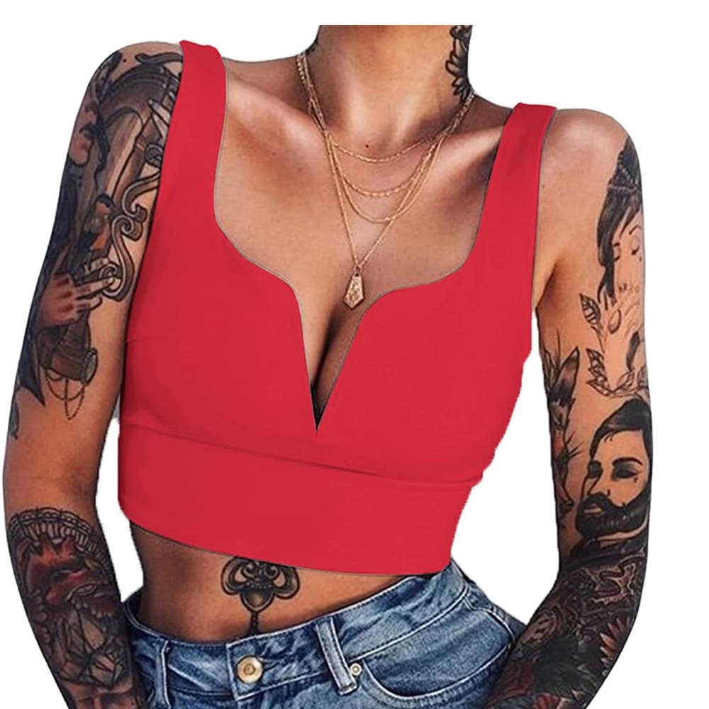 Deep V-neck red cropped tank top size medium